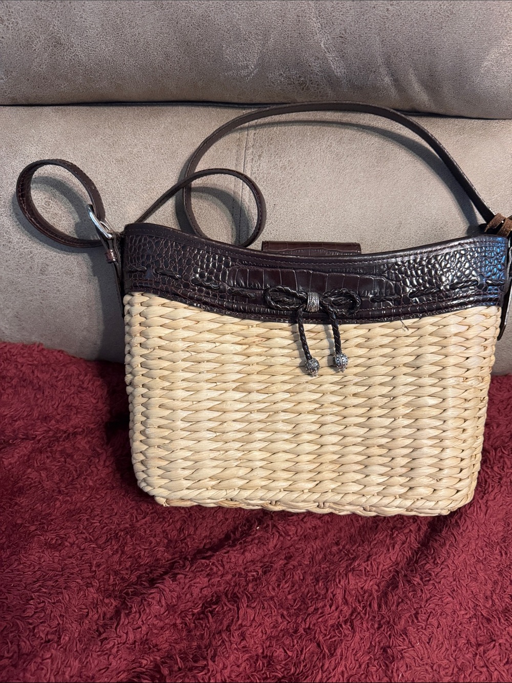 Brighton Beige Woven Vintage basket style with Dark Brown Leather Trim